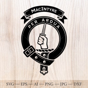 Badge écusson MacIntyre (McIntire) SVG, svg du clan écossais, écusson familial svg. Ceinture héraldique écossaise avec boucle SVG. Emblème du clan svg