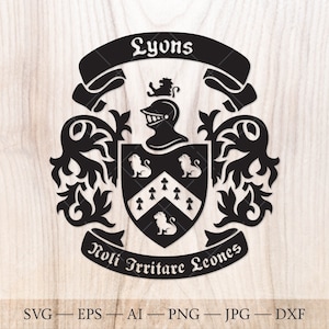 May include: Black and white crest with a lion, helmet, and shield. The crest has the text "Lyons" at the top and "Noli Irritare Leones" at the bottom.