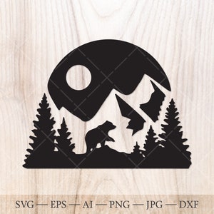 Mountain, grizzly bear and forest SVG Cut File. Mountains svg, Forest svg, Woods svg. Outdoors travel svg