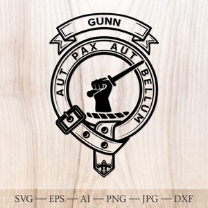 Insigne de crête de Gunn SVG, svg de clan écossais, svg de crête de famille. Armoiries svg. Ceinture écossaise héraldique avec boucle SVG. Crête de clan svg