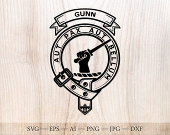 Gunn crest badge SVG, Scottish clan svg, Family crest svg. Coat of arms svg. Heraldic scottish belt with buckle SVG. Clan crest svg