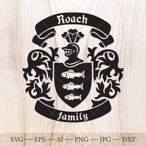 May include: Black and white silhouette of a coat of arms with the text "Rouch family" at the bottom. The coat of arms features a knight's helmet, a crest with a flower, and three fish.
