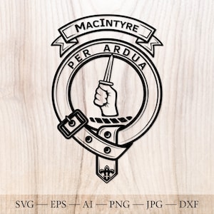 Insigne d’écusson MacIntyre (McIntire) SVG, clan écossais svg, écusson familial svg. Ceinture écossaise héraldique avec boucle SVG. Crête de clan svg
