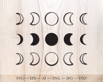 May include: Black and white graphic of the phases of the moon, including crescent, half, and full moon shapes. The image also includes the text "SVG - EPS - AI - PNG - JPG - DXF".