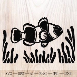 Clownfish SVG, clownfish with coral branches svg cut file. Clownfish Clipart, Tropical Fish and Seaweed sea scene svg.