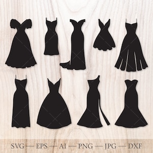 ウェディングドレスの SVG クリップアート カット ファイル。リトル ブラック ドレス シルエット SVG、ドレイズメイド ドレス SVG、ブライダル ドレス SVG、プロム ドレス SVG