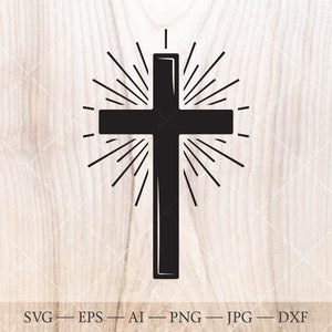 May include: A black silhouette of a cross with a sunburst behind it. The cross is a religious symbol.