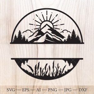 Berg, Sonne, See und Wald Monogramm SVG, Wald Split Name Rahmen SVG Schnittdatei. Berge svg, Wald svg. Outdoors svg
