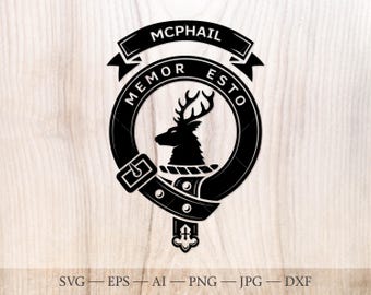 Escudo del clan McPhail SVG, insignia familiar del ciervo escocés (descarga digital)