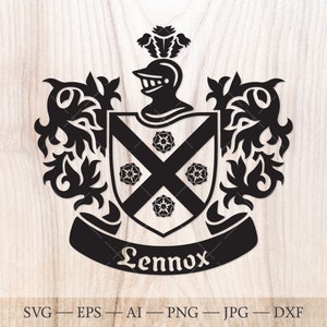 Blason de la famille Lennox. Armoiries svg. Bouclier héraldique avec roses et bannières de ruban SVG.