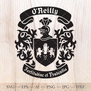 以下が含まれることがあります： 黒と白のイラストで描かれた紋章。上部に「O'Reilly」の文字が書かれている。紋章には、騎士の兜、2匹のライオン、そして「Fortitudine et Prudentia」と書かれた巻物がある。
