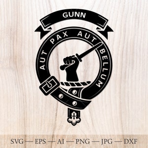 Insigne de crête de Gunn SVG, svg de clan écossais, svg de crête de famille. Armoiries svg. Ceinture écossaise héraldique avec boucle SVG. Crête de clan svg