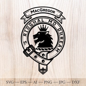 Badge écusson MacGregor SVG, svg du clan écossais, écusson familial svg. Armoiries svg. Ceinture héraldique écossaise avec boucle SVG. Emblème du clan svg