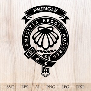 Insigne de crête de Pringle SVG avec coquille de palourde, svg de clan écossais, svg de crête de famille. Ceinture écossaise héraldique avec boucle SVG. Crête de clan svg