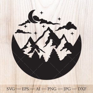 Mountains SVG moon and forest SVG Cut File. Moon and stars svg, Outdoors svg. Geometric mountains scene svg