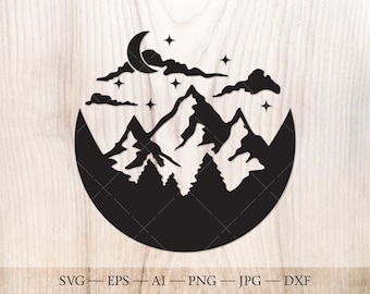 Mountains SVG moon and forest SVG Cut File. Moon and stars svg, Outdoors svg. Geometric mountains scene svg