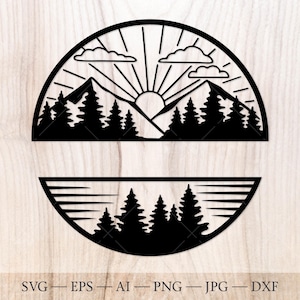 Mountain, sun, lake and forest Monogram SVG, Forest Split Name Frame SVG Cut File. Mountains svg, Forest svg. Outdoors svg