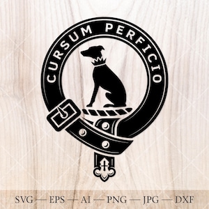 May include: Black and white circular emblem featuring a dog silhouette wearing a crown, inside a ring with the text "CURSUM PERFICI". The emblem is set on a black belt with a buckle and a decorative bottom. The image also includes file type options: SVG, EPS, AI, PNG, JPG, and DXF.