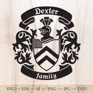 May include: Black and white silhouette of a coat of arms with the text "Dexter family" at the bottom. The coat of arms features a knight's helmet, a shield with a chevron design, and floral embellishments.