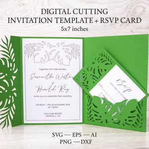 DIY Monstera feuille mariage triple poche invitation 5x7 modèle SVG et carte RSVP 5"x3,5". Feuille de palmier Cricut svg, fichier de coupe numérique