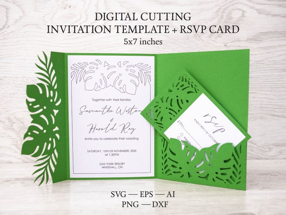 DIY Monstera leaf wedding tri-fold pocket invitation 5x7 SVG template and RSVP card 5"x3,5". Palm leaf Cricut svg, Digital Cut file
