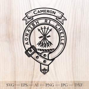May include: Black and white illustration of a Scottish crest with the text "CAMERON", "ΑΟΝΑΙΒΗ", and "RI CHEILE".