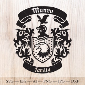 Emblème de la famille Munro. Armoiries svg. Bouclier héraldique avec aigle, ruban bannières SVG.