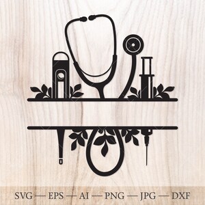 Split Krankenschwester Blumen Monogramm Rahmen svg, Krankenschwester SVG, Arzt Monogramm Rahmen mit Stethoskop, Spritze und Thermometer, geschnitten SVG-Datei für Shirt