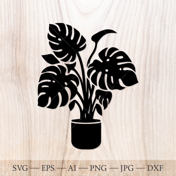 Monstera in a pot SVG, Monstera plant svg, Monstera SVG cut file, monstera outline, monstera leaf svg, tropical plant svg silhouette