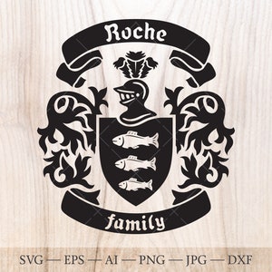 Stemma della famiglia Roche. Stemma svg. Scudo araldico con tre pesci, striscioni a nastro SVG.