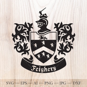 Feighery Family crest. Coat of arms svg. Heraldic shield with lions, sword in hand and ribbon banner SVG.