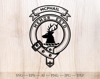 Escudo del clan escocés McPhail SVG, insignia con cabeza de ciervo (descarga digital)