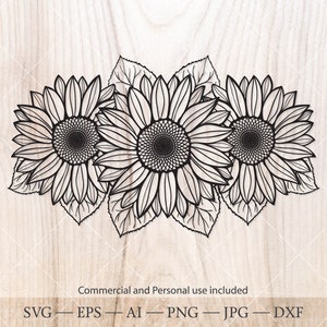 May include: Three black and white outline illustrations of sunflowers with leaves. The sunflowers are arranged in a row, with the centre sunflower slightly larger than the two on either side. The sunflowers have a detailed design with multiple petals and a centre circle.