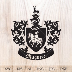 May include: Black and white silhouette of a coat of arms with a knight on horseback, a helmet, and a deer. The text "Maguire" is on a banner below the shield.
