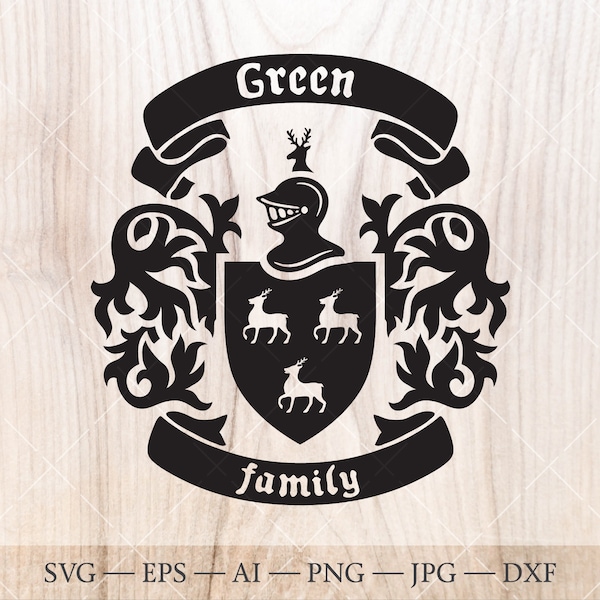 Green Family crest. Coat of arms svg. Heraldic shield with stags, stag head and ribbon banners SVG.