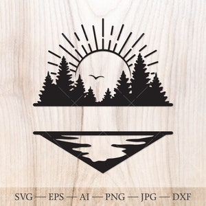 Sun, lake and forest Monogram SVG, Forest Split Name Frame SVG Cut File. Sunrise svg, Forest svg. Outdoors svg
