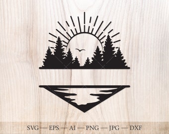 Sun, lake and forest Monogram SVG, Forest Split Name Frame SVG Cut File. Sunrise svg, Forest svg. Outdoors svg