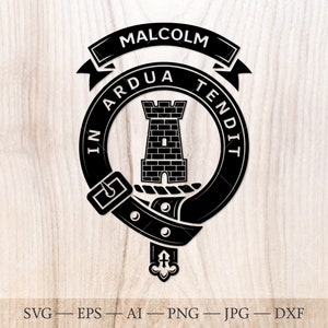 Insigne Malcolm écusson SVG avec tour, clan écossais svg, écusson familial svg. Armoiries svg. SVG héraldique. Svg écusson du clan Malcolm