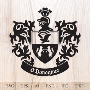 Blason de la famille O'Donoghue. Armoiries svg. Bouclier héraldique avec aigle et deux renards, bannières en ruban SVG.