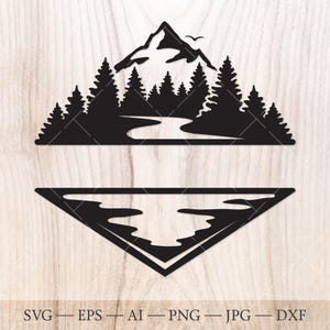 Berg, Fluss und Wald Monogramm SVG, Wald Split Name Rahmen SVG Schnittdatei. Berge svg, Wald svg. Outdoors svg