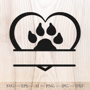 Hundepfote im Herz SVG, Hund Split Name Rahmen SVG, Hund Fußabdruck svg. Hund Monogramm Datei. Hund Liebe svg ClipArt.