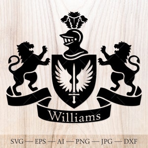 Stemma della famiglia Williams. Stemma svg. Scudo araldico con leoni, spada e ali, stendardo a nastro SVG.