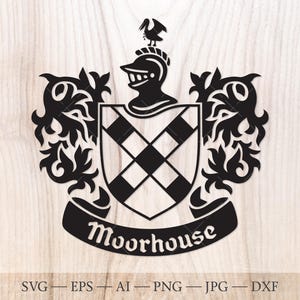 Stemma della famiglia Moorhouse. Stemma svg. Scudo araldico con stendardo a nastro SVG.