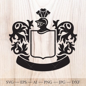Sjabloon voor familiewapens. Schild met ridderhelm, bloemen en vaandel SVG. Wapenschild-svg.