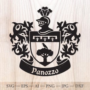 パノッツォ家の紋章 SVG。紋章 SVG。ラベルとフルール・ド・リス、木とカラス、騎士のヘルメットが付いた紋章入りの盾 SVG。