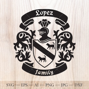 Familiewapen Lopez. Wapenschild svg. Heraldisch schild met twee wolven, lintbanners SVG.