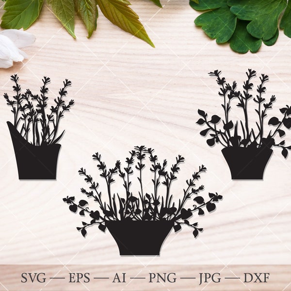 Lavender floral plant pot SVG die cut. Garden flower papercut template. For Cricut, Silhouette