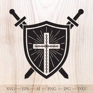 Bouclier avec croix et épées croisées SVG. Clipart svg des armoiries. Logo écusson familial.
