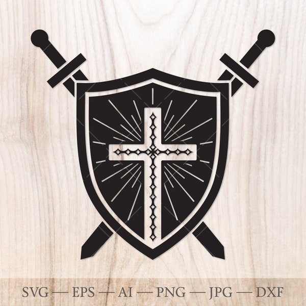 Shield with cross and crossed swords SVG. Coat of arms svg clipart. Family crest logo.