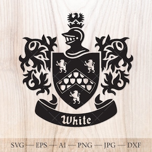 White Family crest SVG. Coat of arms svg. Heraldic shield with lions and shields SVG.